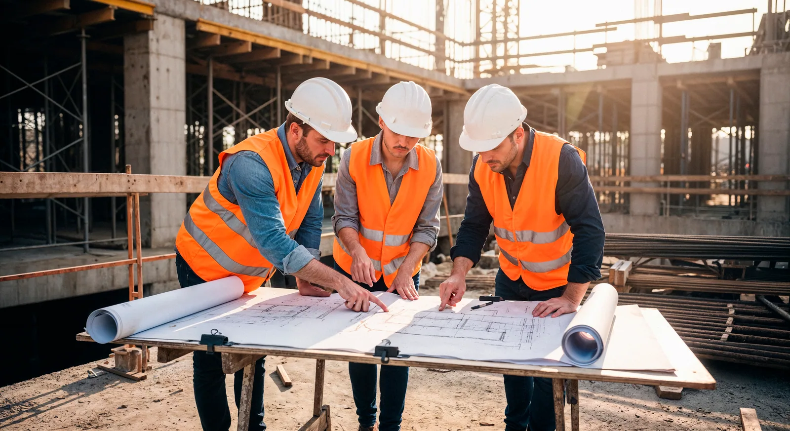 Three Bab Al Amarah construction professionals reviewing blueprints on site
